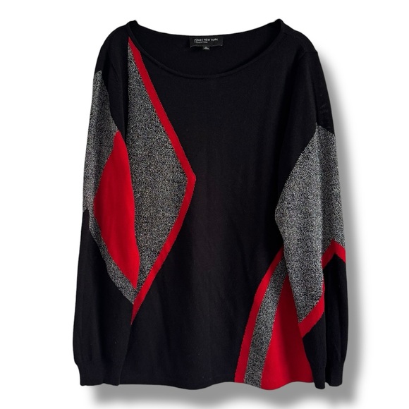 Jones New York Sweaters - JONES NEW YORK COLLECTION BLACK RED SILVER METALLIC SWEATER KNIT TOP SZ XL